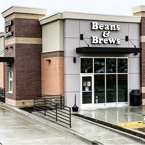 Outside view of a Beans and Brews coffee house